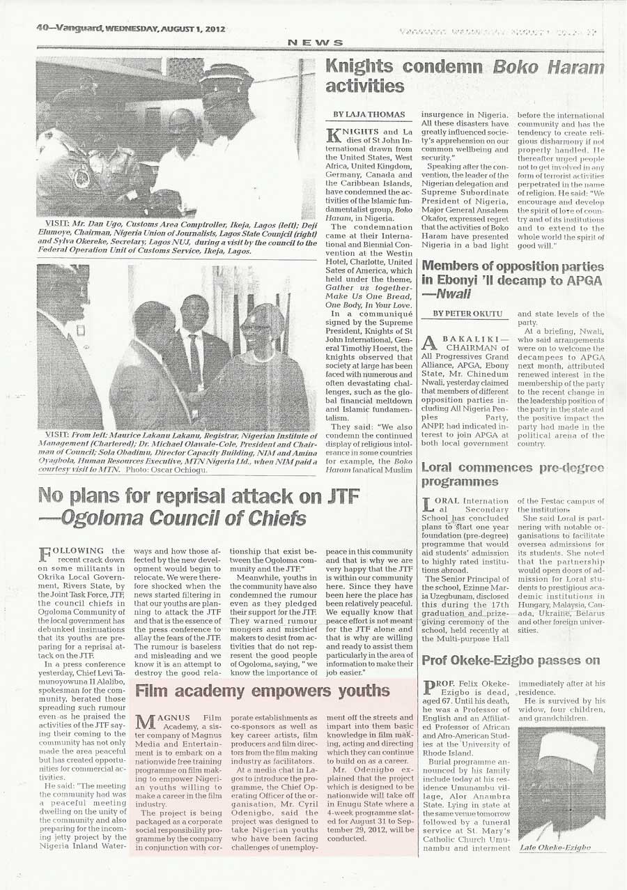 A press release by Vanguard Newspapers.