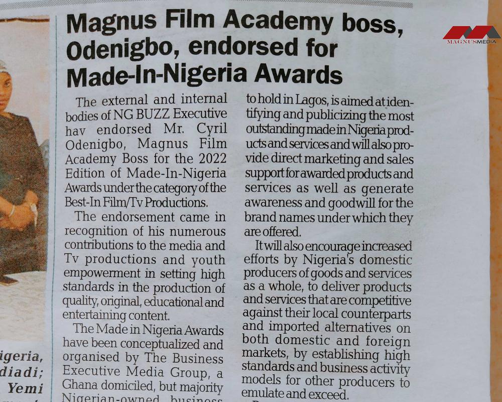 Magnus Film Academy boss, Odenigbo, endorsed for made-in-Nigeria awards