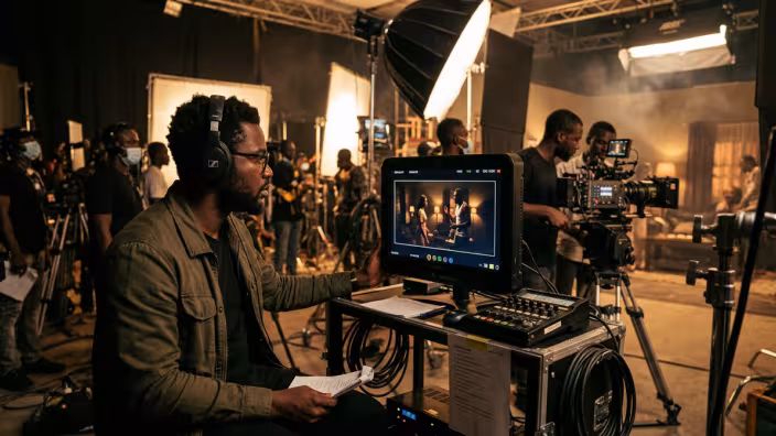 Cinematic wide shot of a Nigerian film director wearing headphones behind an external monitor on a bustling movie set