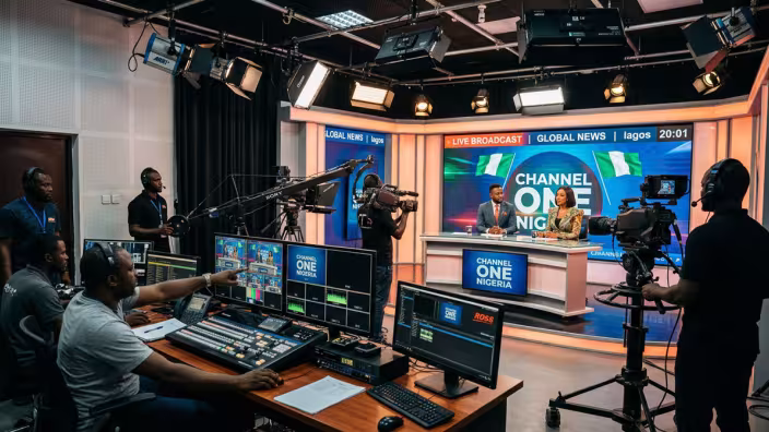 High-end live Nigerian broadcast studio setup with multiple professional cameras, a multi-screen video switcher control board, studio lighting, dynamic graphics displays, and an active crew directing a live multi-cam stream, modern cinematic production lighting.