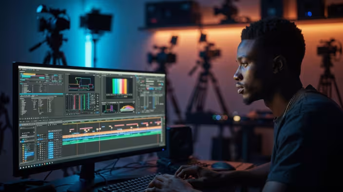 Dark post-production editing suite featuring a Nigerian video editor sitting before dual color-calibrated monitors