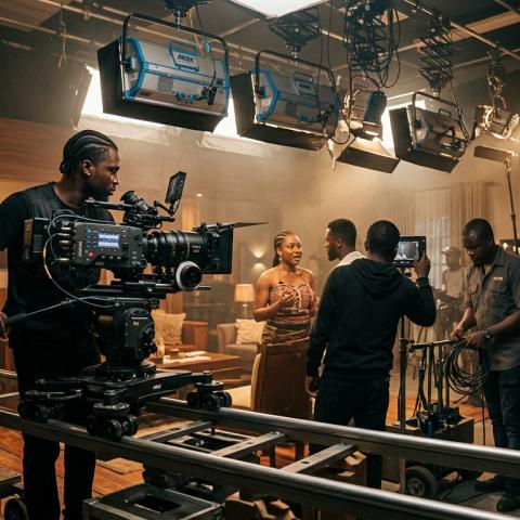 Wide cinematic shot of a professional Nigerian film set in action