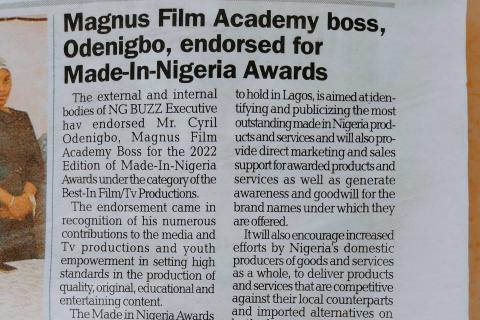 Magnus Film Academy boss, Odenigbo, endorsed for made-in-Nigeria awards
